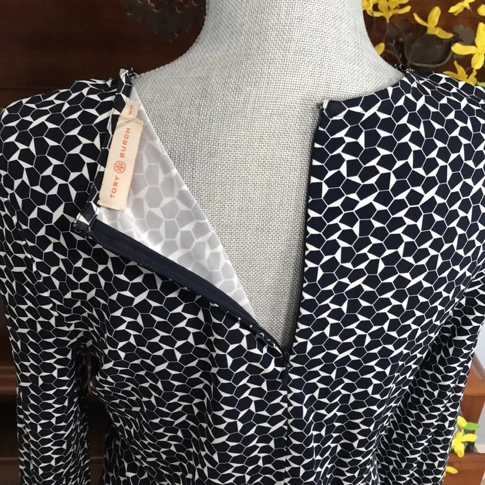 Tory Burch Geometric Long Sleeve Navy Sheath Dress Size Medium